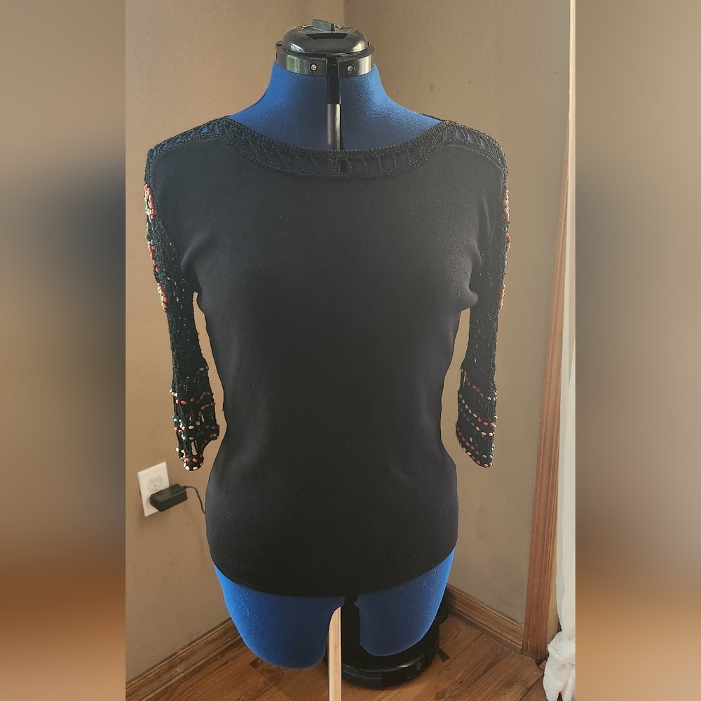 Joseph A Black Beaded Sleeve Blouse